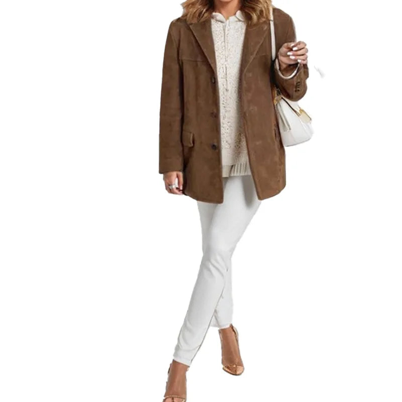Brown Lapel Pocket Suede Leather Jacket Single Button Long Sleeve