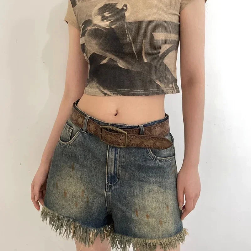 Pattern Print Retro Belts for Women Luxury Designer Brand Buckle Pin Waist Belt Female Pu Leather Fashion Waistband