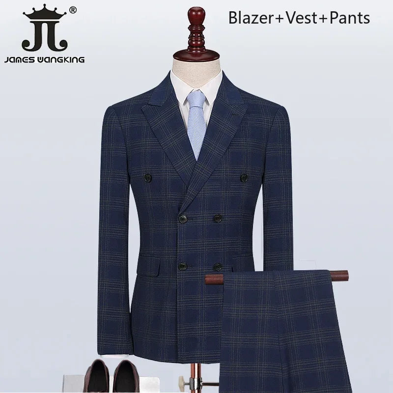( Blazer + Vest + Pants ) Boutique British Style Men's Suit Plaid Dress Business Casual Formal Suits 3Pcs Set