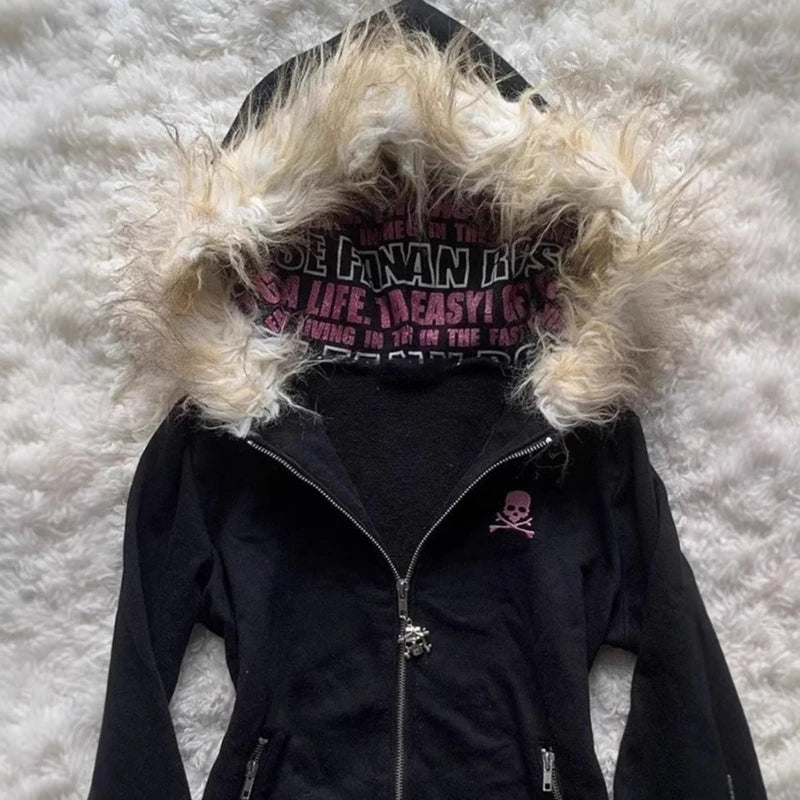 Designed fur collar long-sleeved hooded sweatshirt jacket  retro casual loose cardigan