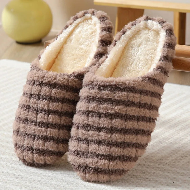 1 Pair Striped Silent Japanese Style Indoor Soft Bottom Anti Slip Cotton Slippers, Winter Insulation Durable Home Cotton Slipper