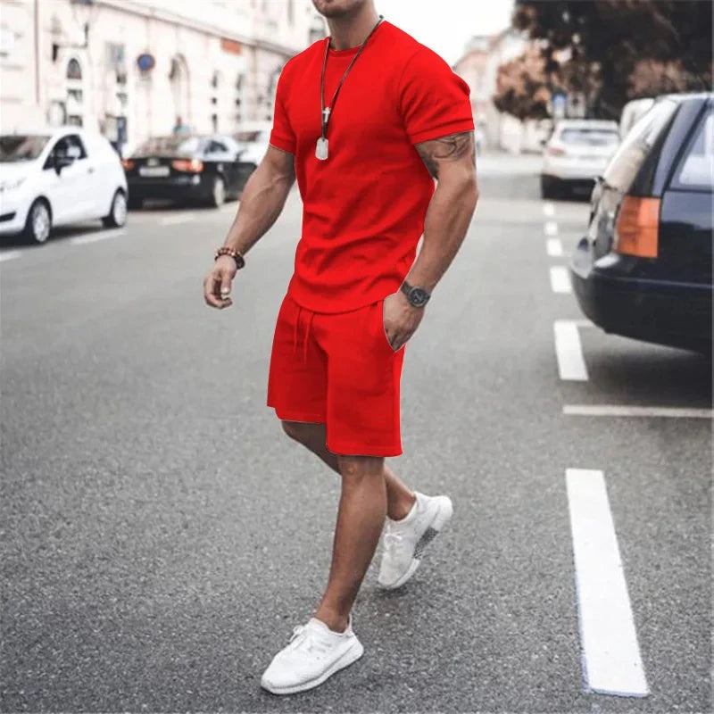 Solid Color Europe and The United States Men's  Summer  Short Sleeve T-shirt  +Shorts 2pcs Set Leisure Sports Men Suit