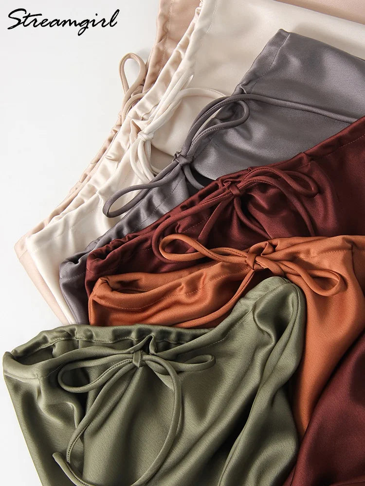 Long Satin Skirt  A Line Tie Up