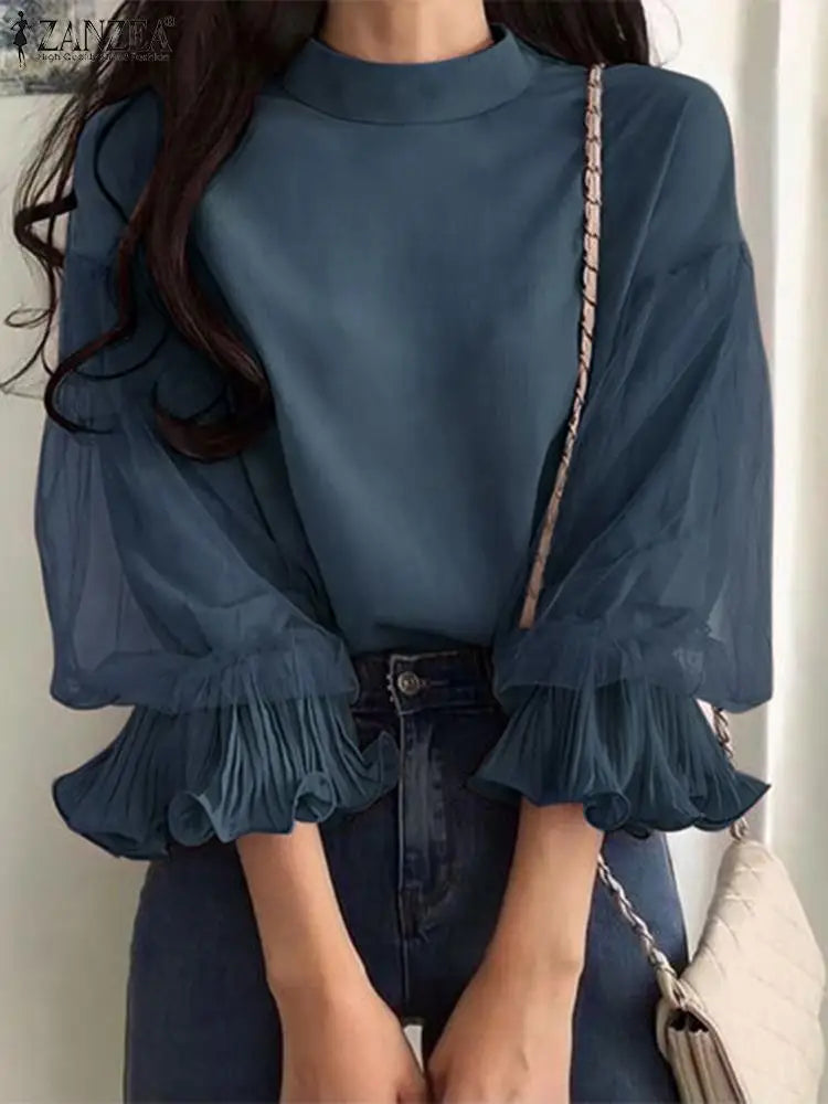 Elegant Party Blouse Chic Mesh Ruffle 3/4 Sleeve Tops Designer Stand Collar Shirts
