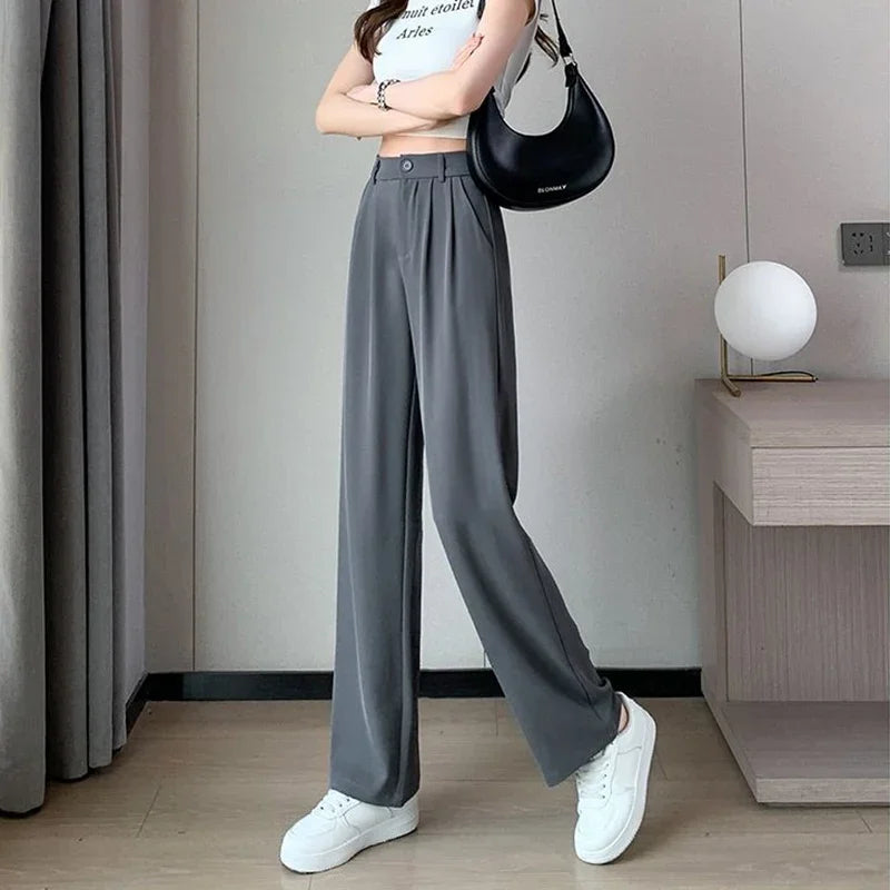 Women Full Length Pants Baggy High Waist Wide Leg Solid Color Trousers Lady Straight Leg  Classic Office  Slacks