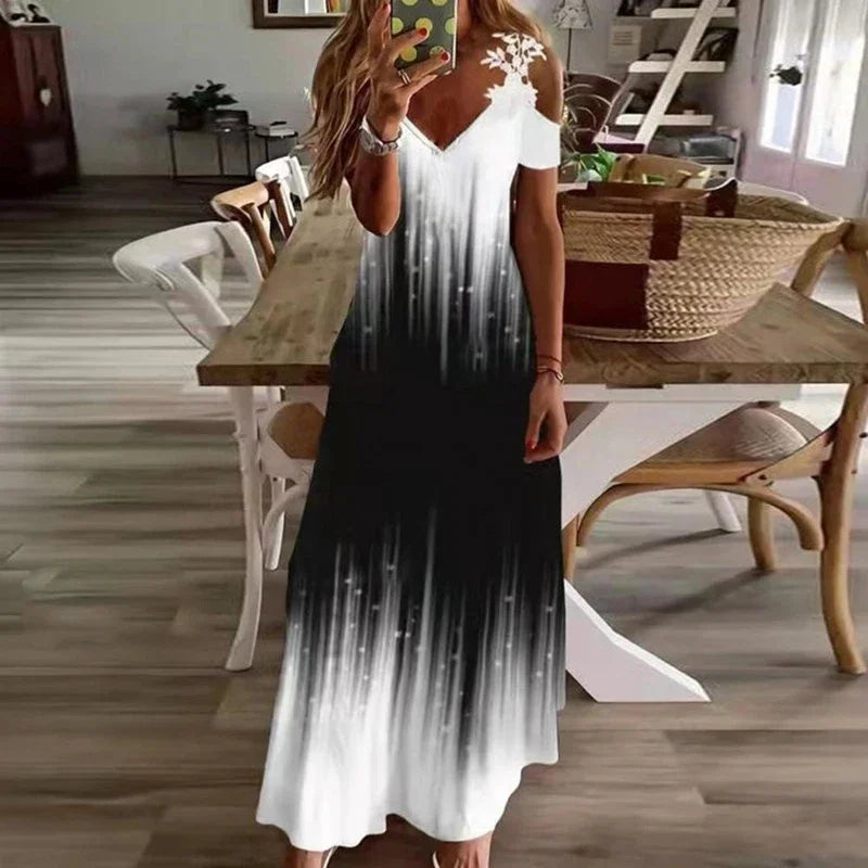 Women's Printed White Lace Cut-out Sleeves Dress Summer Fashion Casual Long Dress