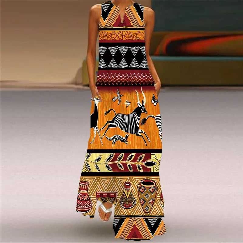 Vintage Print Maxi Dress For Women Summer Loose Sleeveless Long Dresses Elegant Lady V Neck Pocket Boho Beach Sundress Vestidos