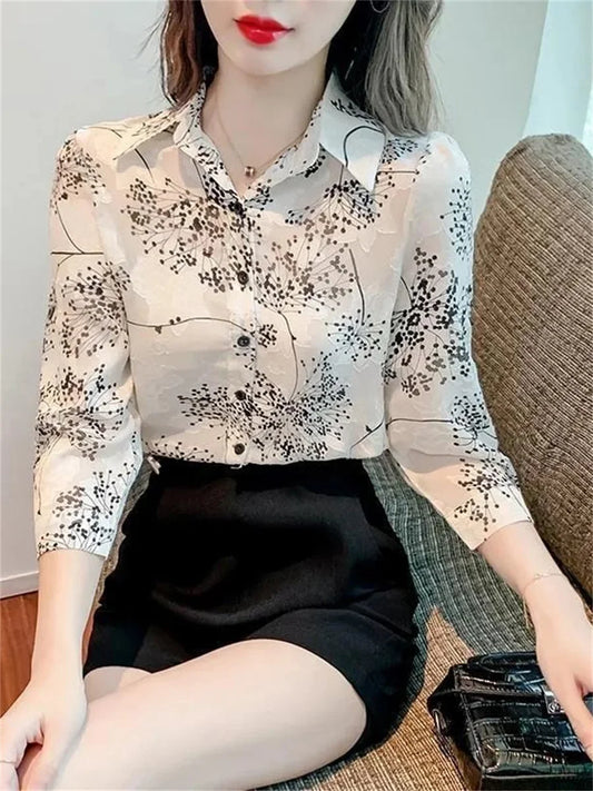Casual Three Quartz Sleeve Turn-down Collar Flower Print