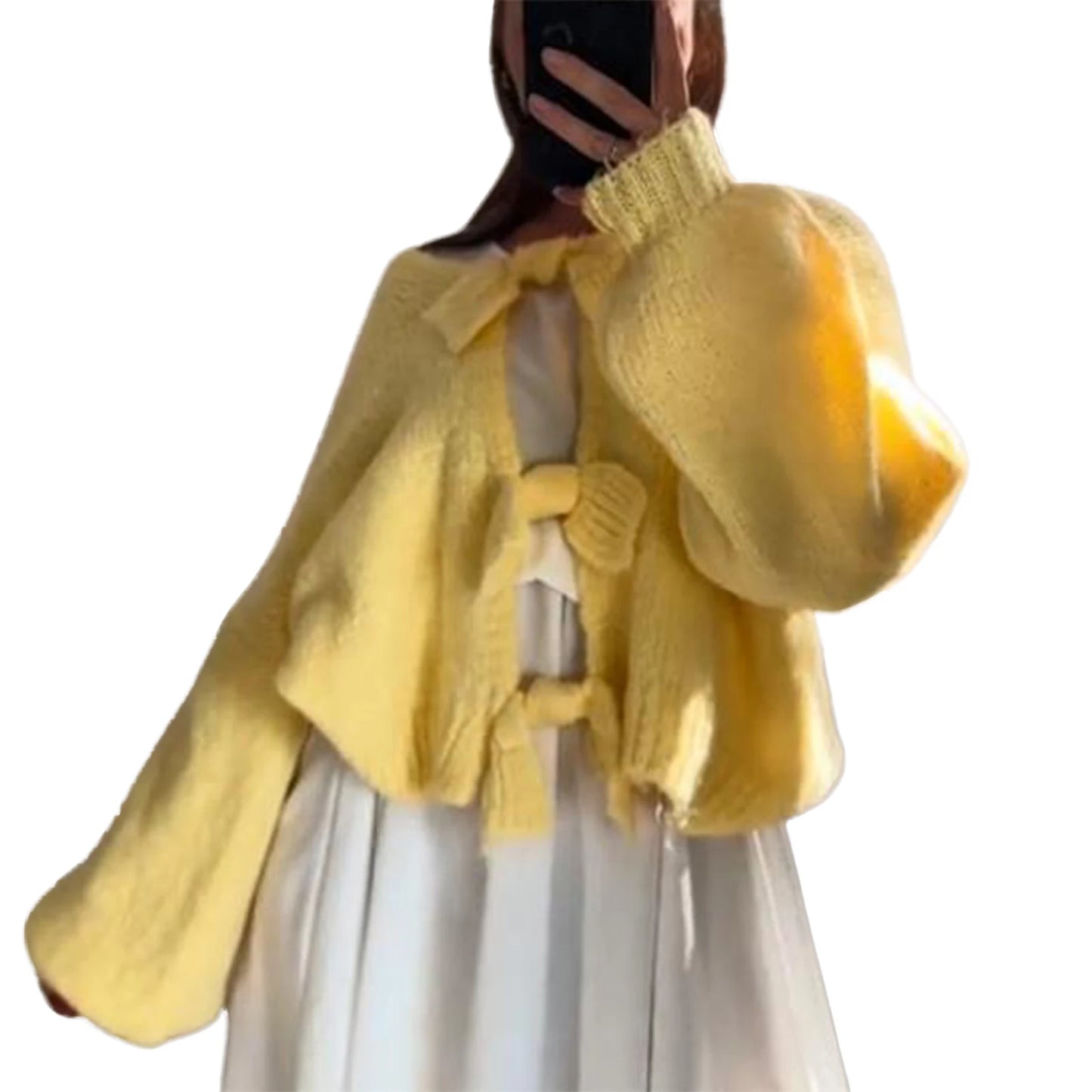 Sweater Knitted Cardigan Elegant Long Lantern Sleeve Front Tie-up Sweaters Tops