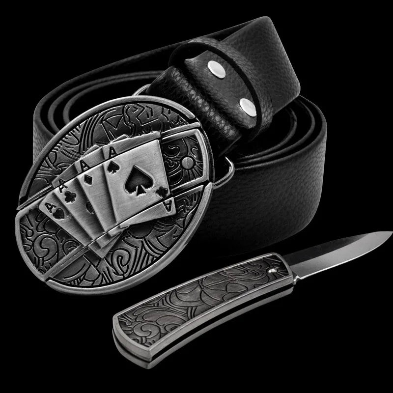 Adult Carved Invisible Knife Buckle Waist Belt Adjustable Personality Genuine Waist Belt