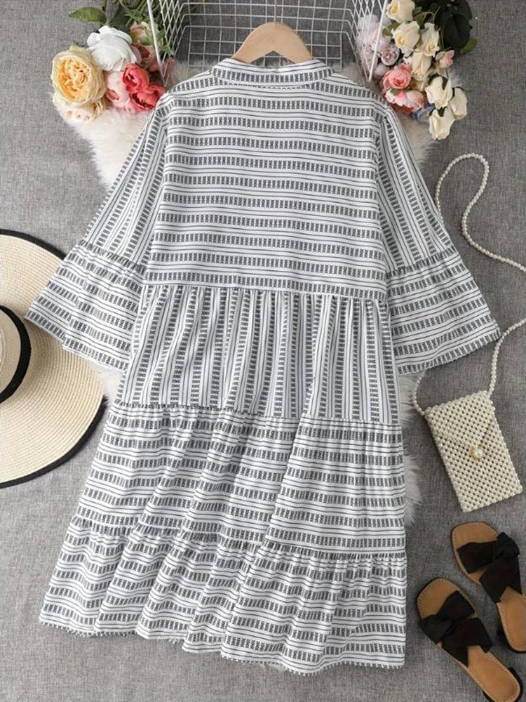 Casual Printed Ruffle Edge Pleated Dress