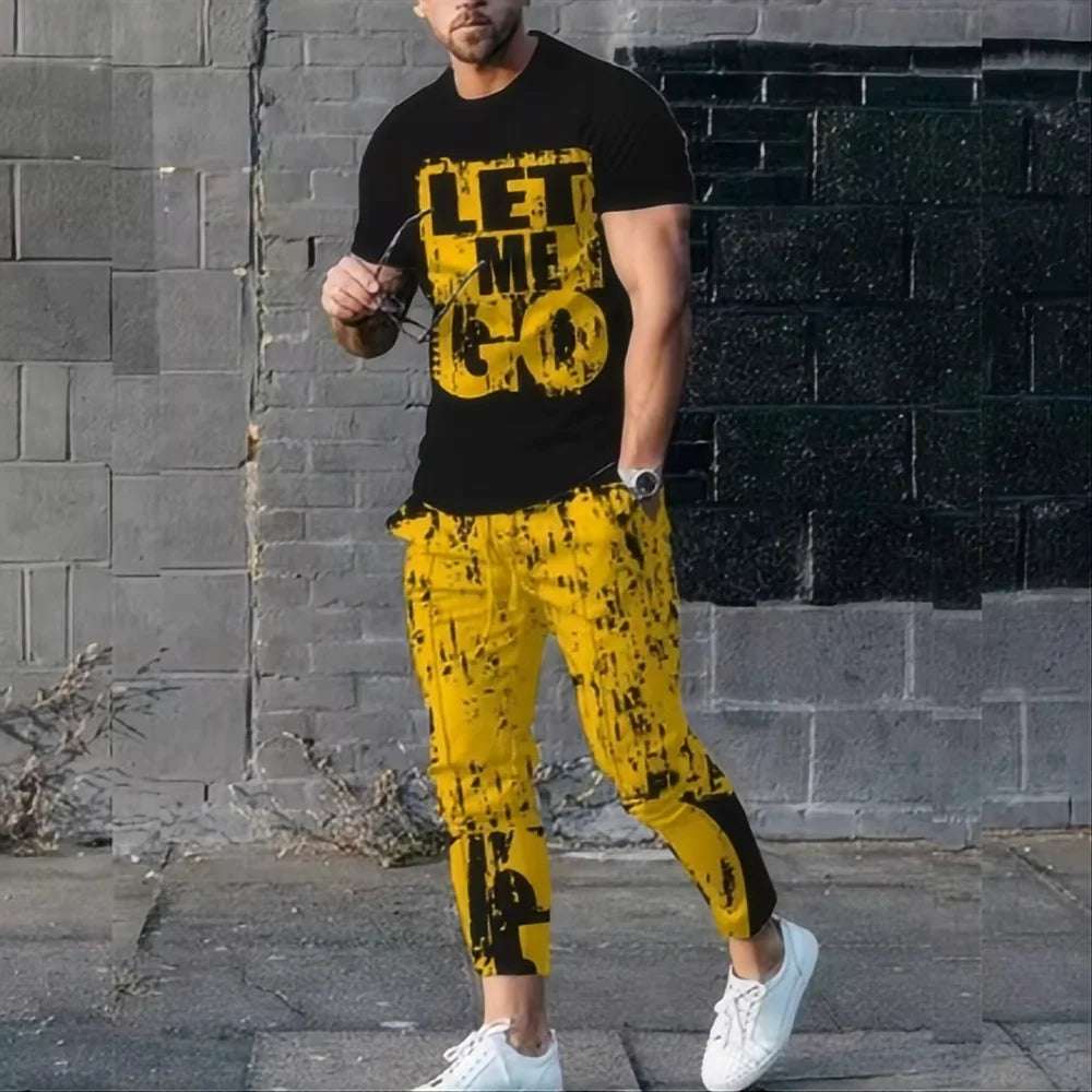 Summer King Letter 3D printed T-shirt and sports pants set for men's fashion sportswear, oversized short sleeved T-shirt and pants