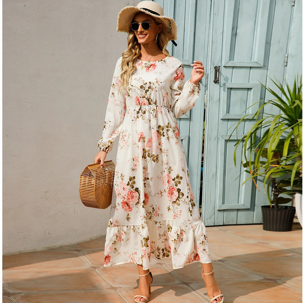 Bohemian Women's Maxi Dress Casual Long Sleeve High Waist Beach Woman Chiffon Dresses Floral