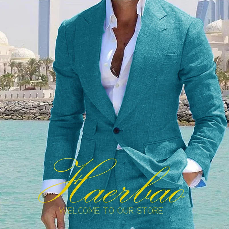 Summer Men's Linen Suit Set of 2 Wedding Groom Tuxedo Formal Lapel Jacket Pants Fashion Tailored Blazer for Men