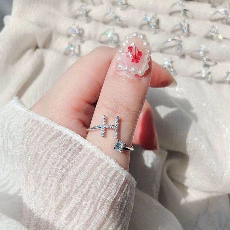 Shining Rhinestone 26 Letters Adjustable Rings  Initial A-Z Alphabet Opening Ring