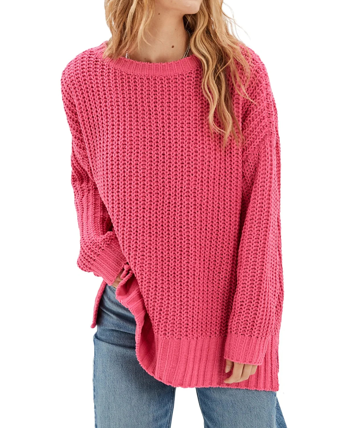 Womens Solid Knit Sweaters Oversized Crew Neck Long Sleeve Slouchy Ribbed Knitwear