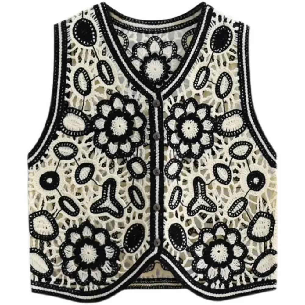 Sexy Hollow Out Knit Tank Tops Women Color block  V Neck Floral Camisole Female Beach Style Crop Top