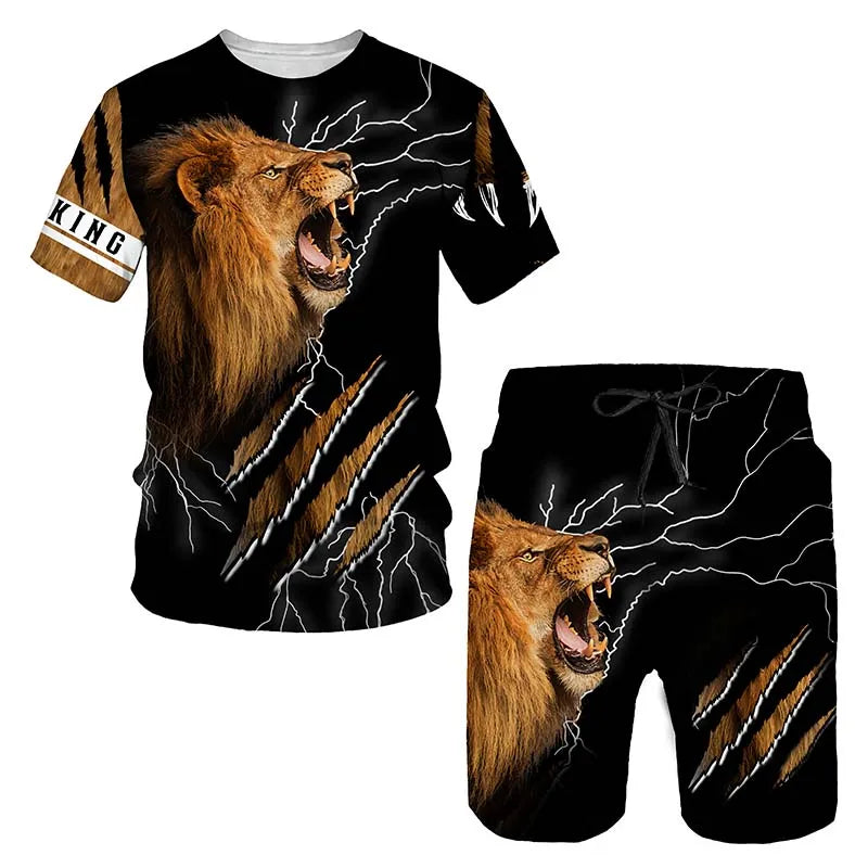 Ferocious Lion Summer Tracksuit Set 3D Printed Casual Men's T-shirt Shorts Male Sportswear Short Sleeve 2 Pieces Clothing Outfit