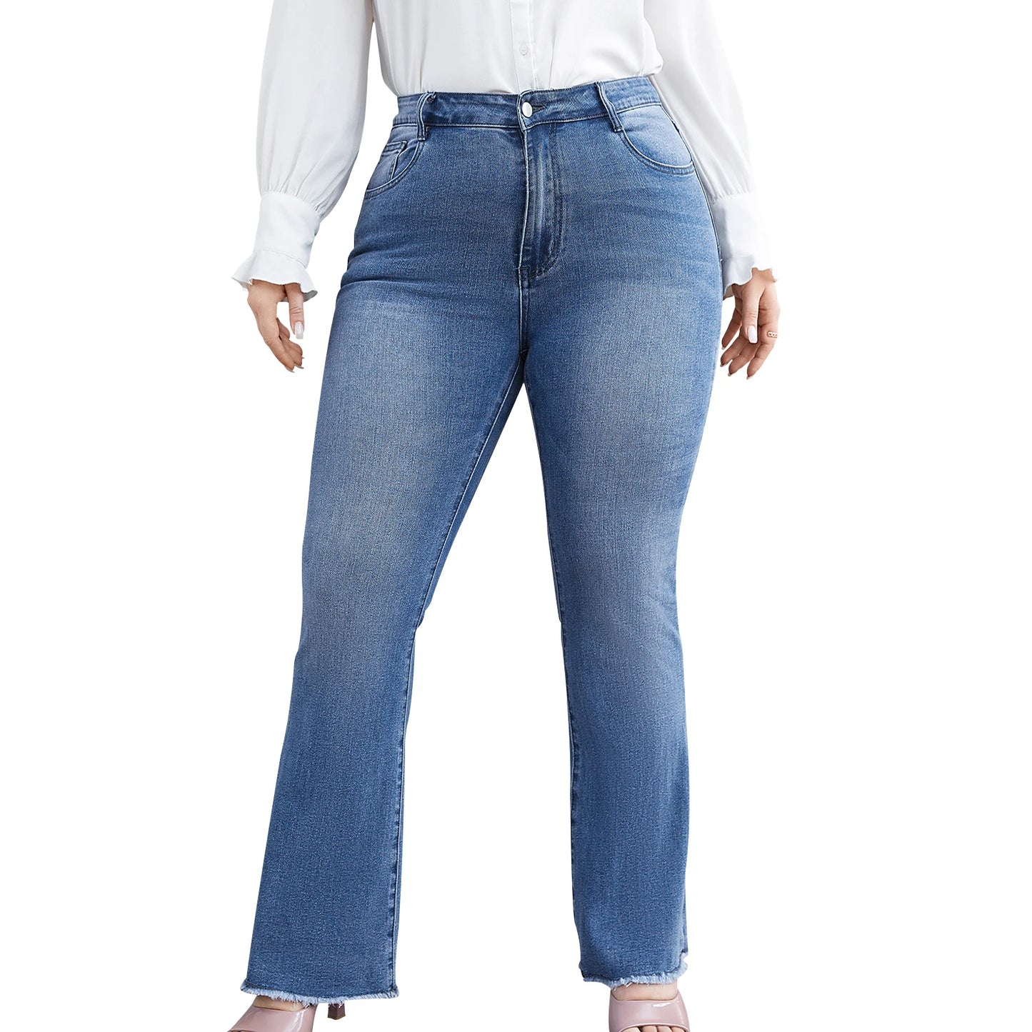 Women s Plus Size High Waist Flared Jeans with Frayed Hemline Mid-Rise Denim for Spring and Fall