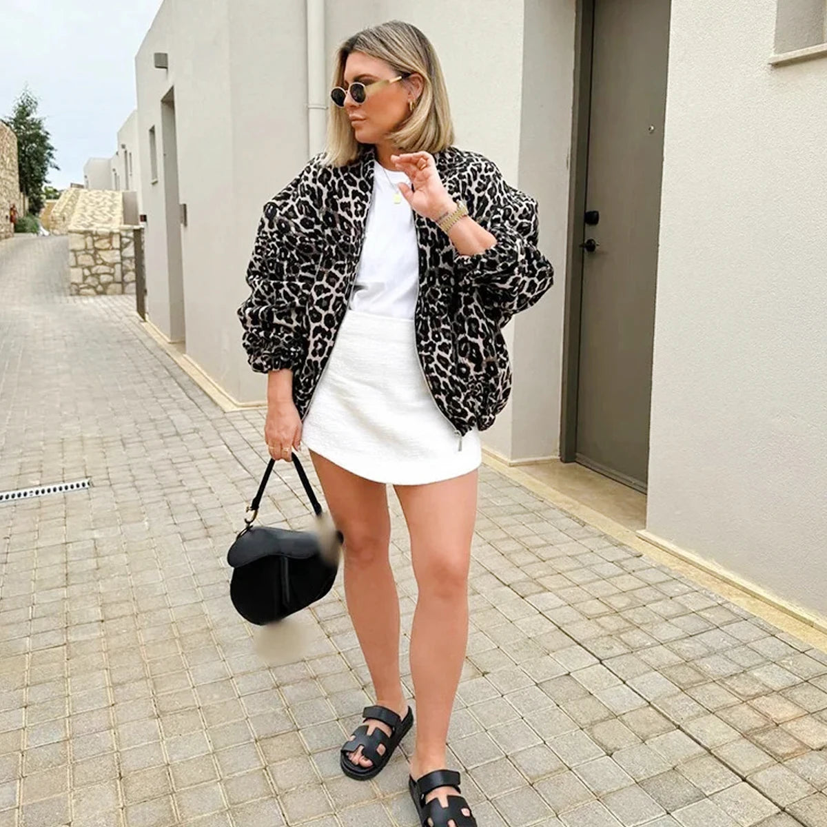 Retro Leopard Print O-neck Chic Zipper Pocket Long Sleeve Short Coats
