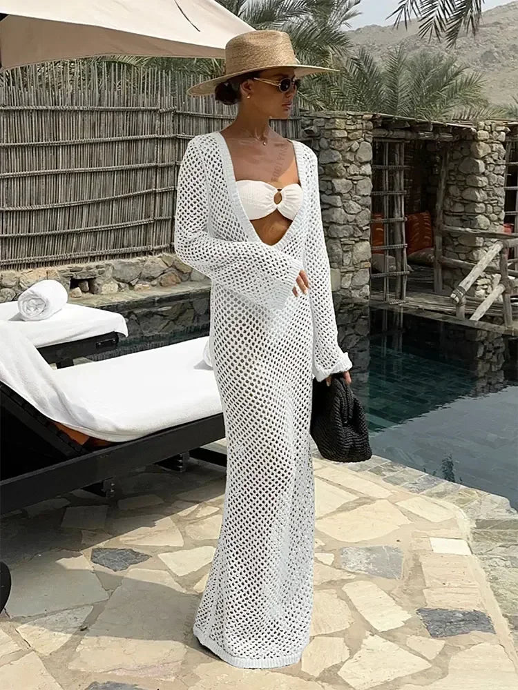 Sexy U-neck Bell Sleeve Knit Maxi Dress Women's Swimwear Bikini Cover-ups  Crochet Beach Outfit