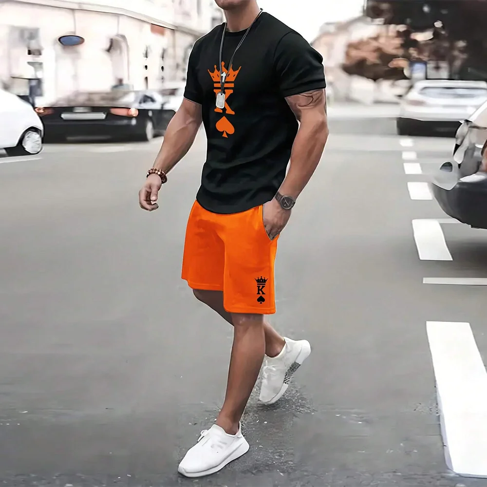 Men's Outdoor  Print Shorts 2Pcs Sets  3D Print Two Piece Suit O-neck T shirt Fashion Male