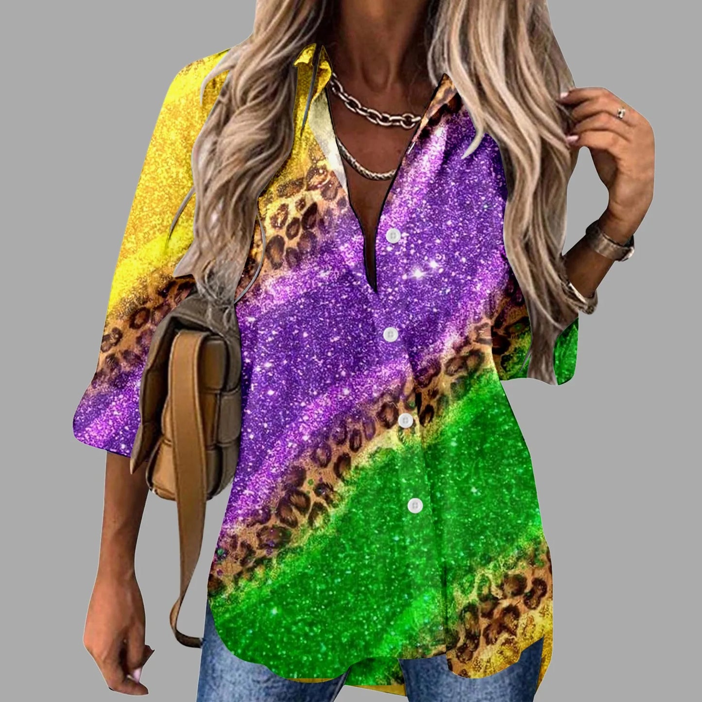 Mardi Gras Women V Neck Shirts Button Long Sleeve Carnival Print Tops Female Blouses Loose