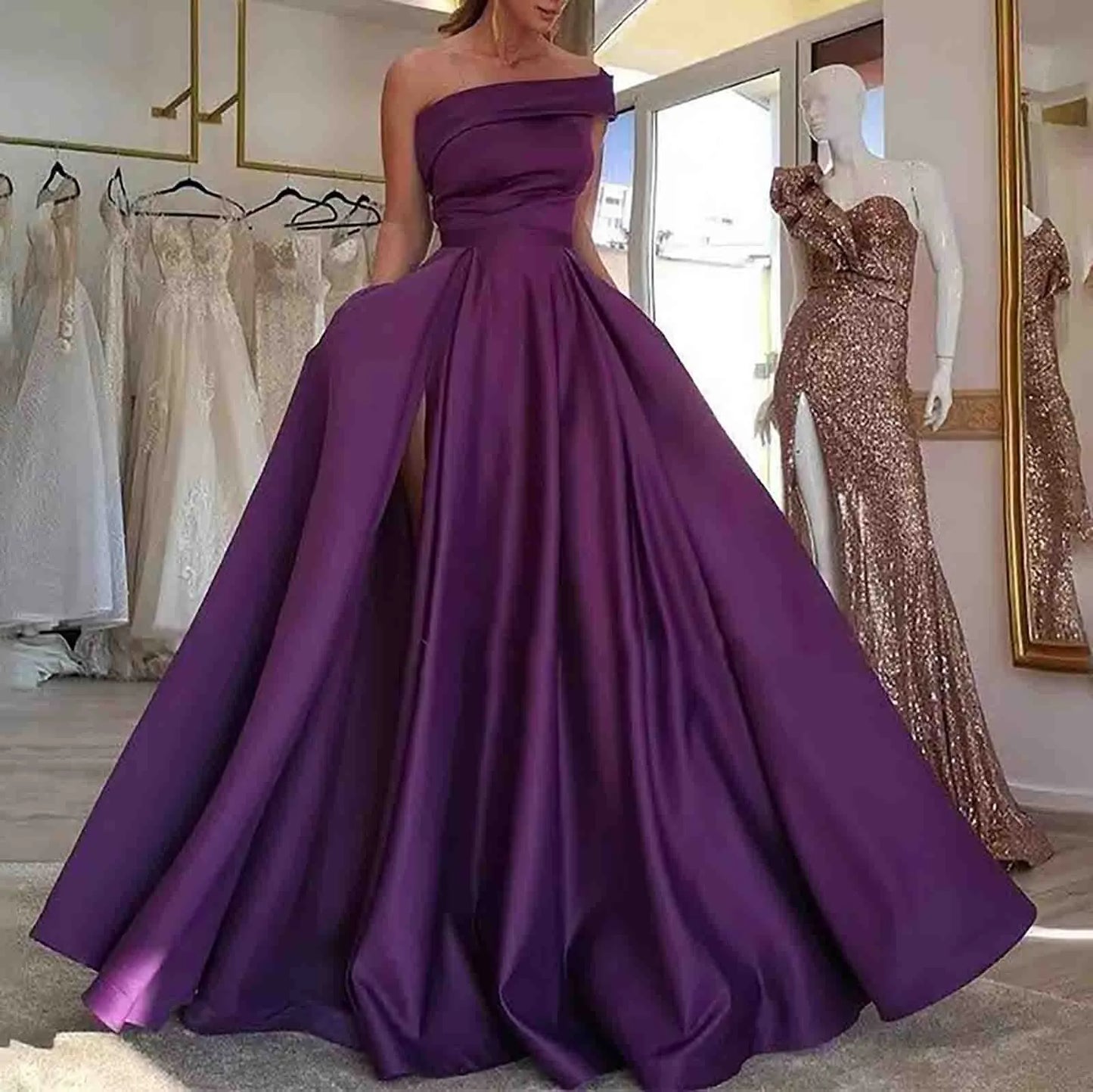 Sexy Strapless Satin Evening Dress for Women Luxury and Elegant One-shoulder Dress High Slits
