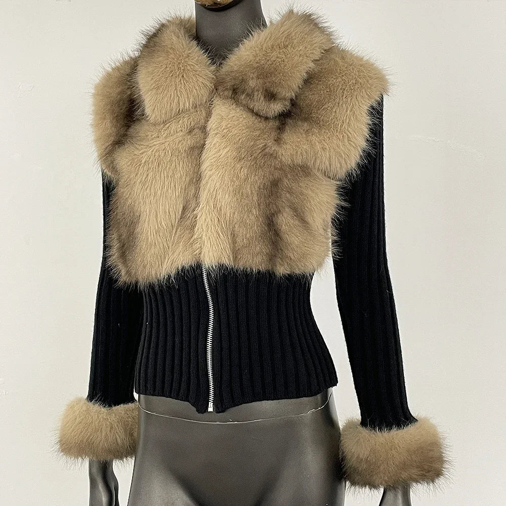 Faux Fur Sweater Crop Cardigan Designer Knitwear Knitted Sweater Women Long Sleeve Cuddly Full Zip Aesthetic Vintage