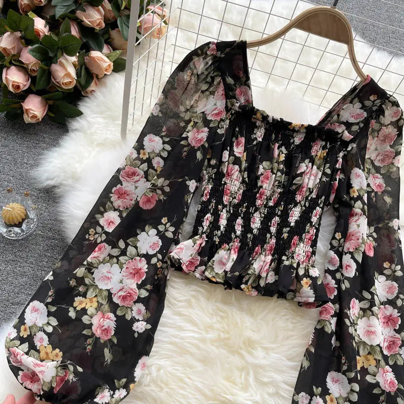 Elegant Floral Printed Chiffon Square Collar Slim  Lantern Sleeve Blouse
