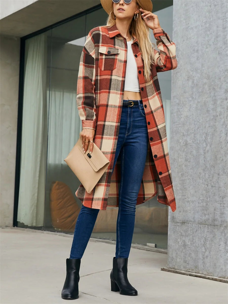 Plus Size Plaid Lapel Neck Long Sleeve Button Down Casual Streetwear Winter Jacket