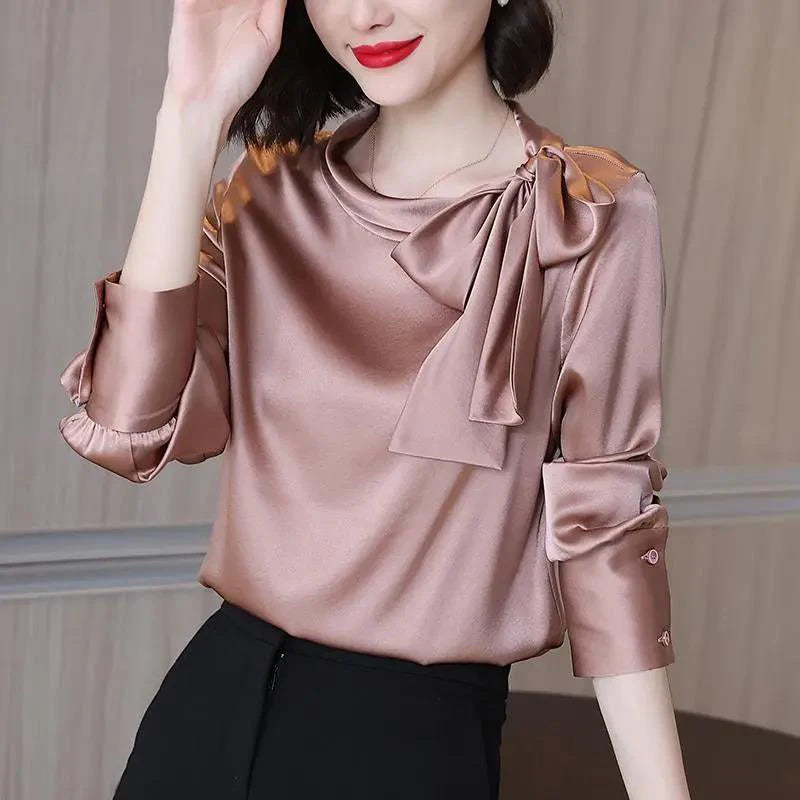 Summer Autumn Office  Satin Solid  Bow Shirt Long Sleeve