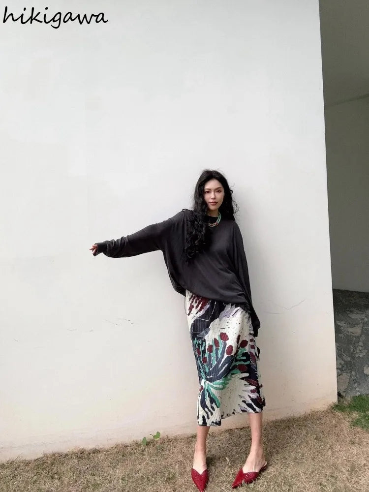 Floral Long  Vintage Loose High Waist Pleated Skirt
