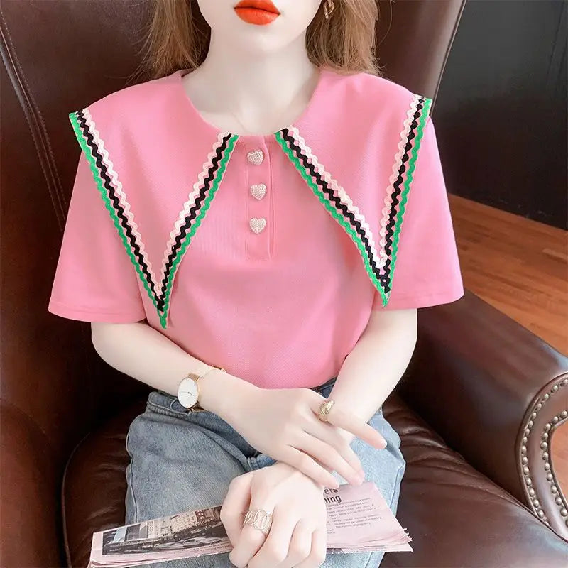 Loose Short Sleeve Pullovers Solid Color Summer O-neck