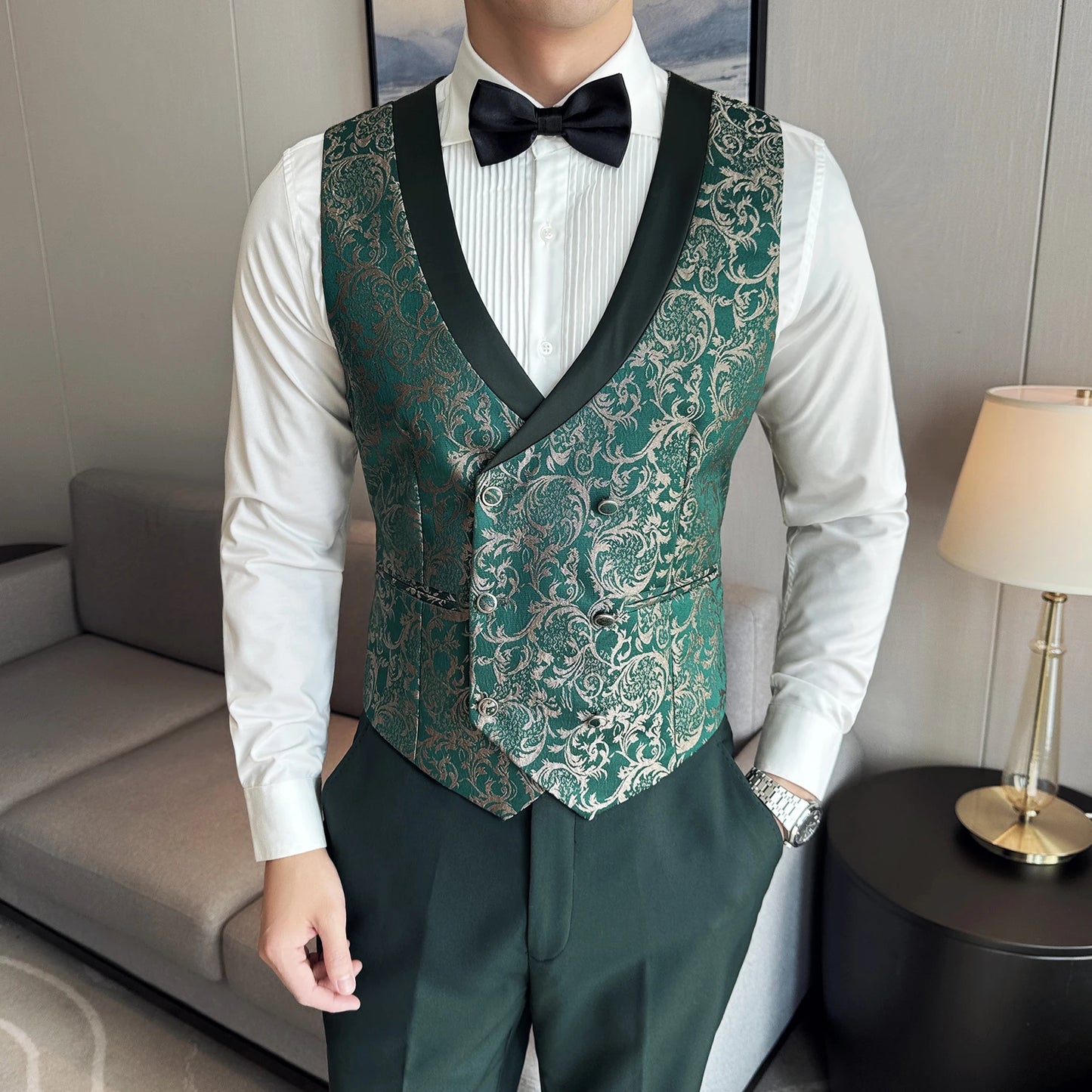 Men's British Style Business Casual Three-Piece Suit Vest Trousers High-Density Jacquard Wedding Prom