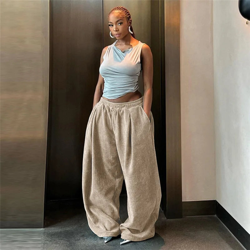Casual Women's Pants  Wide Leg Corduroy Women's Pants Hip Hop Loose Basic Pockets High Waist Pants