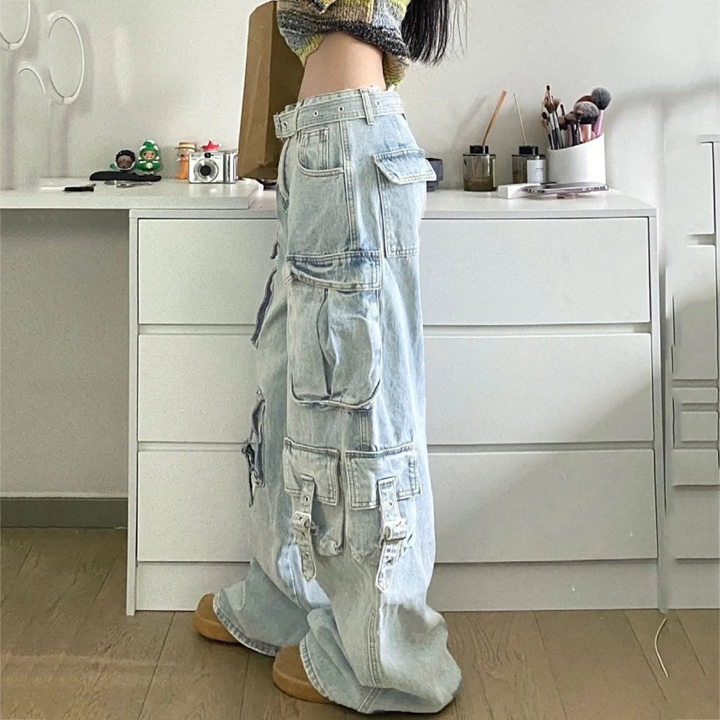 Retro American style Pocket Patchwork Jeans Pants Women Fashion Mid Waist Cargo Pants Baggy Light Blue Distressed Denim Trousers