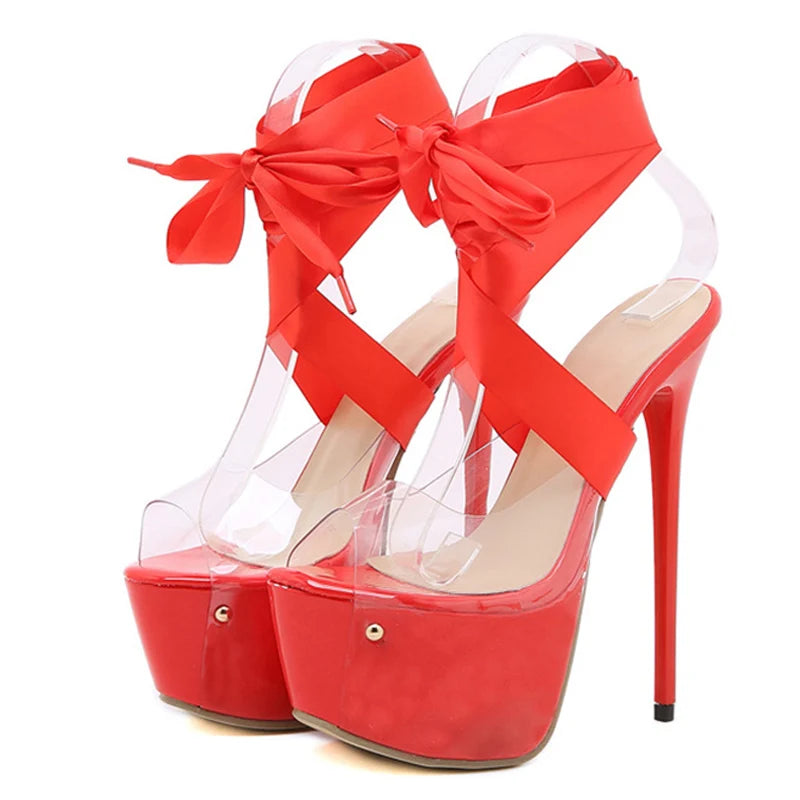 Knee High Lace-Up Platform Sandals Women 16.5 CM Transparent Shoes Stiletto Peep Toe Nightclub Heels