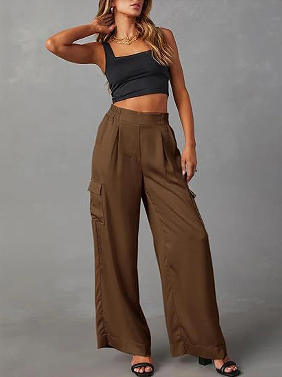 High Waisted Cargo Pants for Women Casual Loose Fit Wide Leg Trousers with Elastic Waistband and Multiple Pockets Stylish
