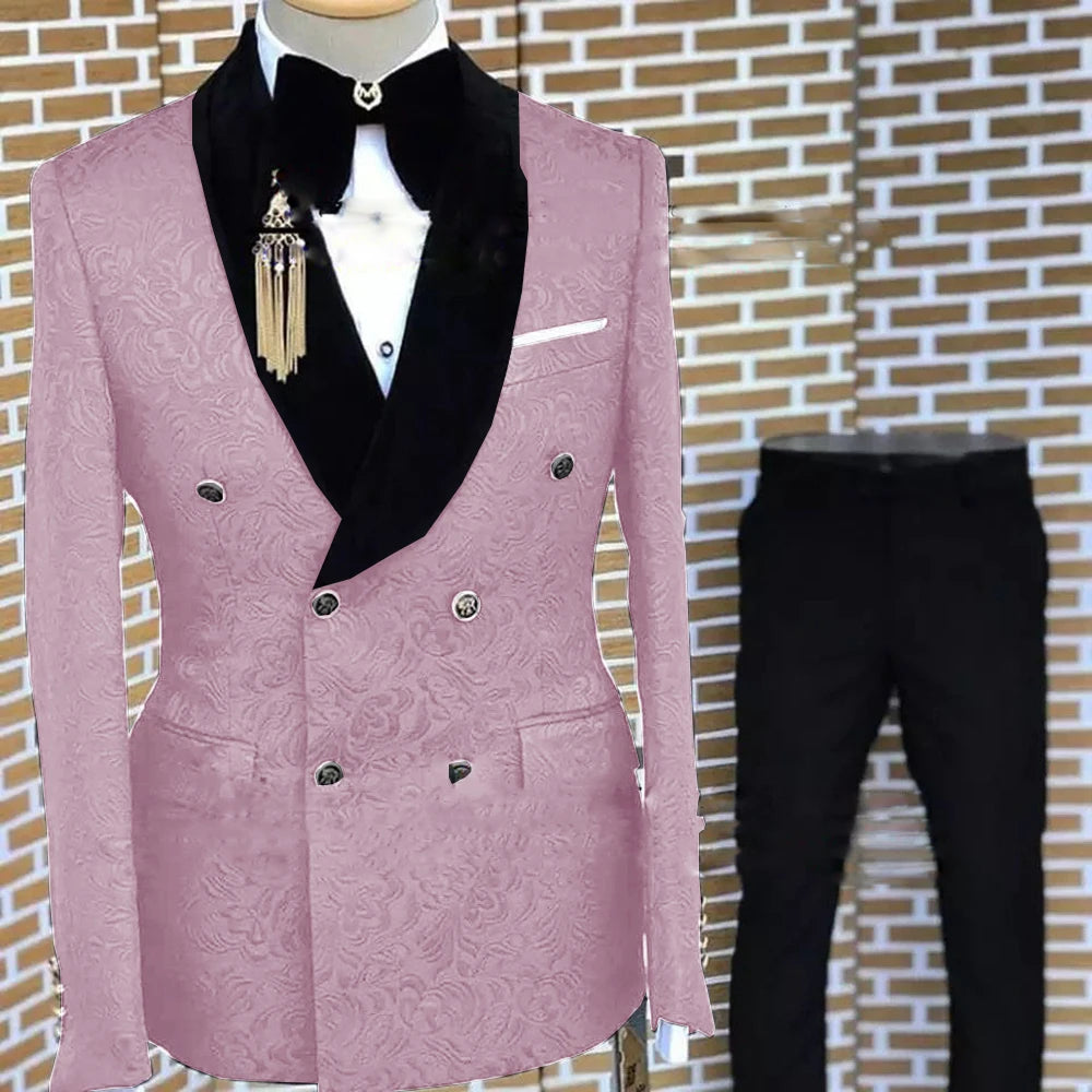 Gray Formal Suit for Men Floral Jacket Pants 2 Piece Set Tuxedo Elegant Men's Suit Handsome Blazer