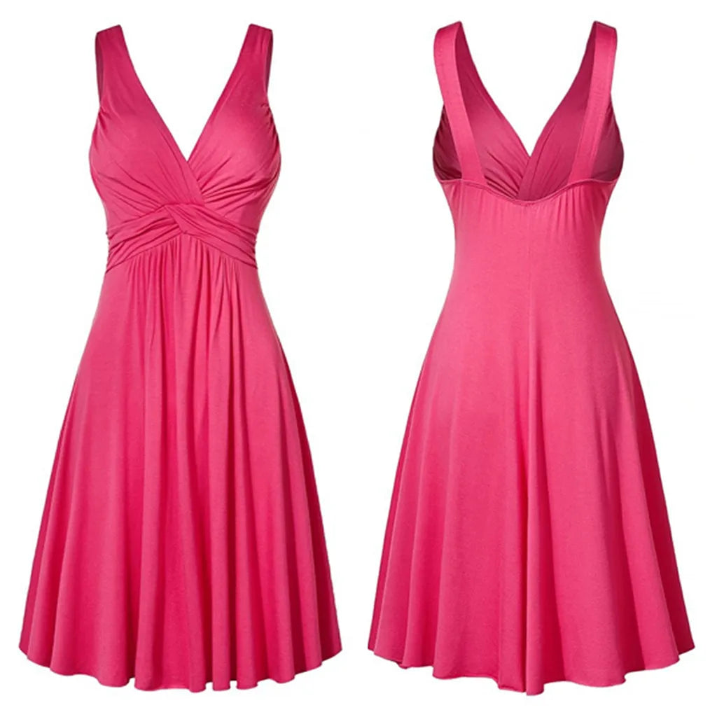 Women Solid Color Deep V-Neck Lady Retro Backless Sling Pleated Dress Wide Band Strap Flare Skirt