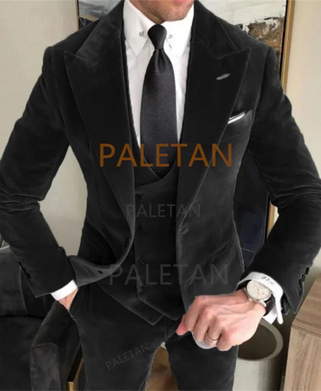 Business Velvet Blazer Sets Men's Suits Elegant Formal 3 Pieces Outfits Jacket+Pants+Vest