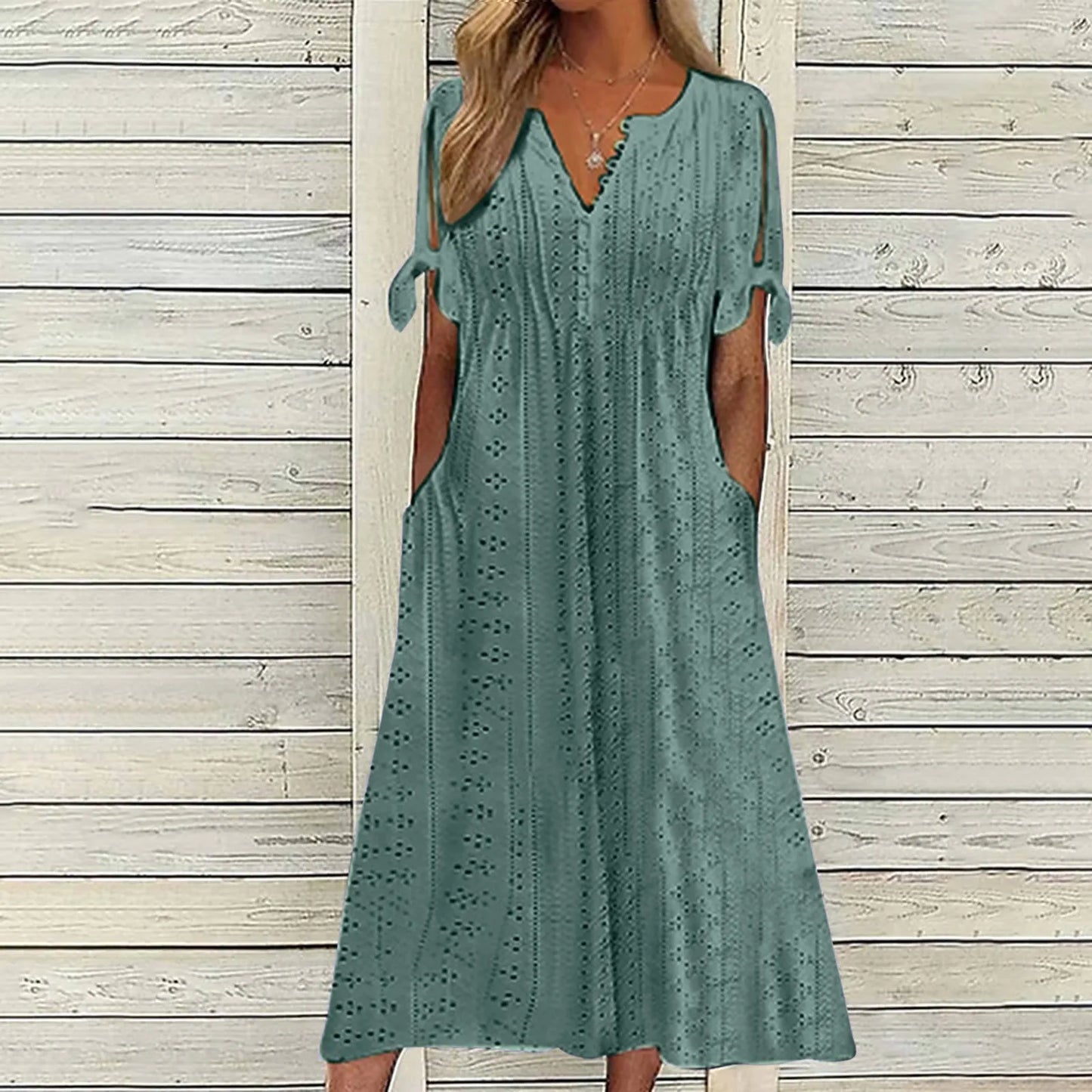 Dresses for Elegant Ladies Party Dresses Hollow Out Bow Short Sleeve Lace Waist Pocket Wedding Mother Dress