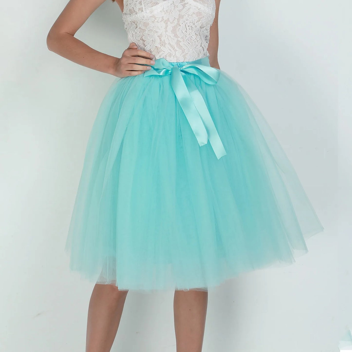 Knee Length Women A-Line Tulle Skirts Lace Up Multi Layered Tulle Petticoat Midi Skirt