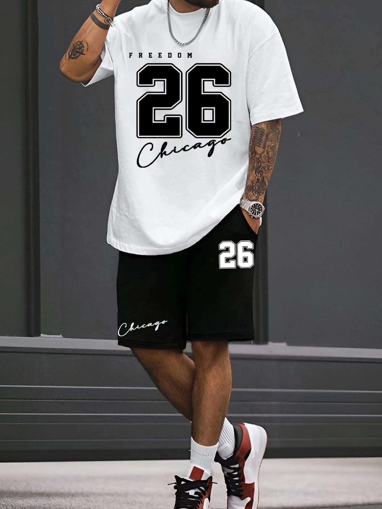 summer men's T-shirt shorts set number print short sleeved round neck T-shirt summer casual outdoor comfortable