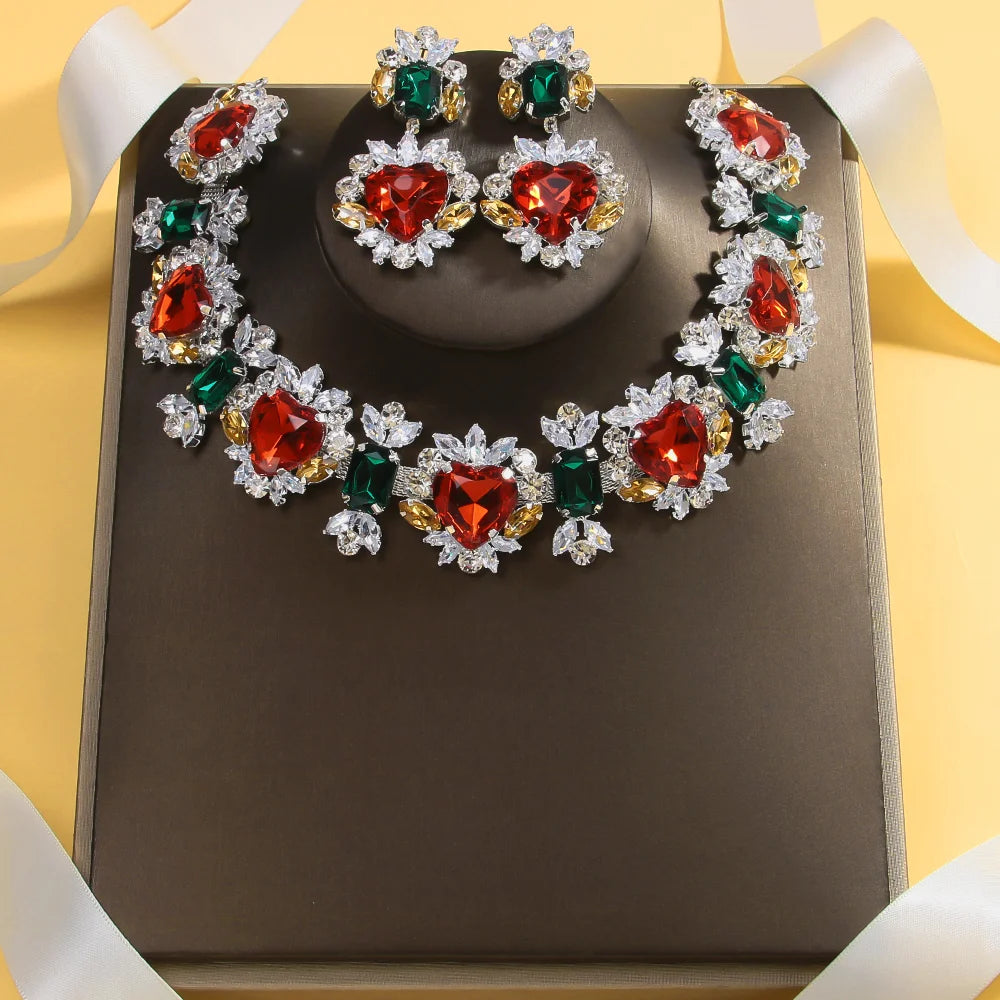 Multicolor Heart Necklace and Earring Set Charm Rhinestone Statement Jewelry Set