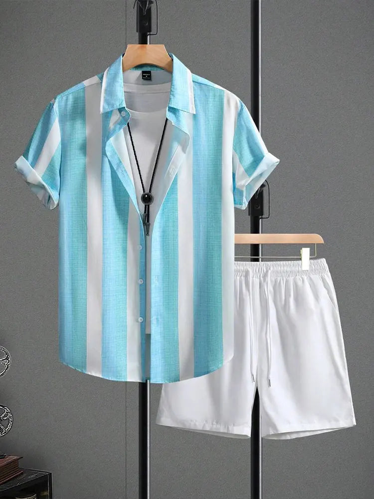 Summer Men's Shirt Shorts Two-piece Set Printed Casual Suit Men Short Sleeve Shirt Street Hawaiian Beach Shorts Outfits