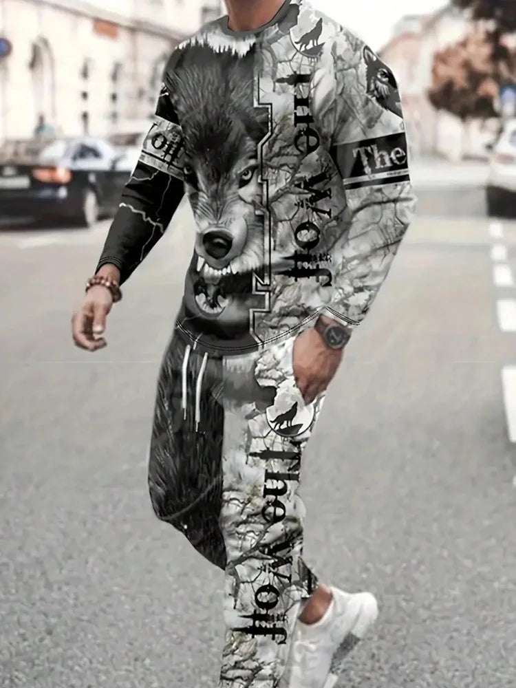 Simple Geometric Print Men's Fall Fashion Casual Crew-neck Tops And Pants Urban Street Fashion Trends Men's Tops And Long Styles