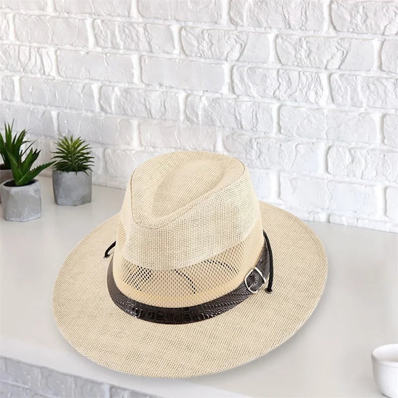 Stylish Unisex Straw Fedora Hat with Hollow Out Design and Black Belt Detail for Summer Beach Vacation or Outdoor Activities