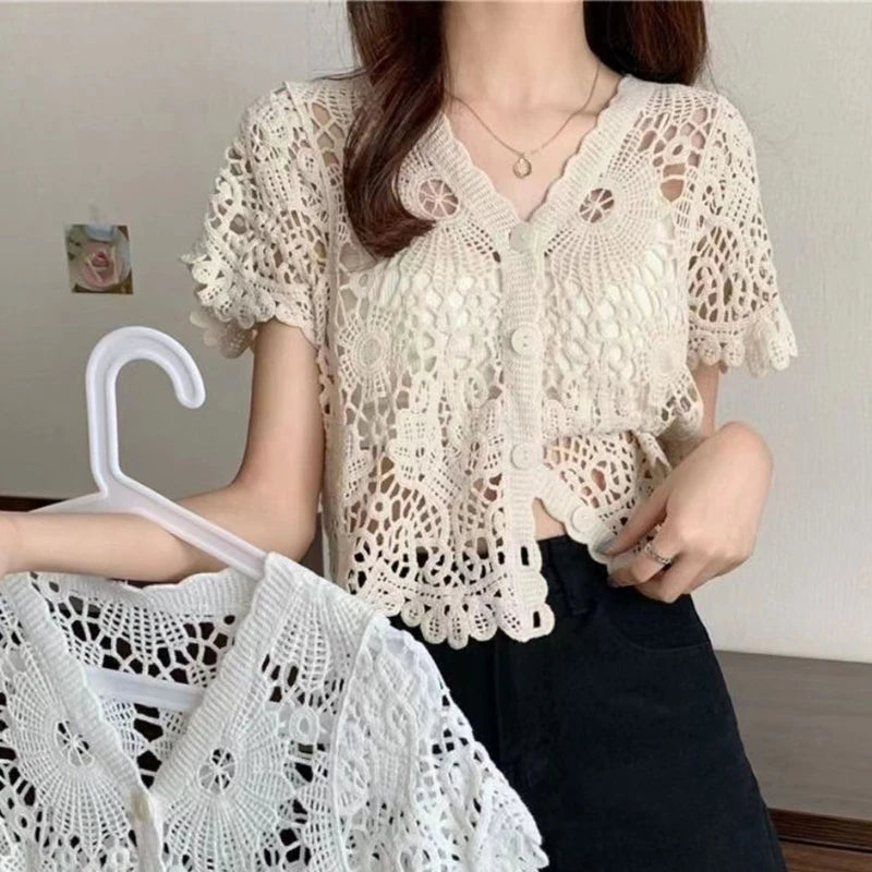 Women French Style Short Sleeve Lace Hollow Out Crochet Knit   V-Neck Button Down Sheer Crop